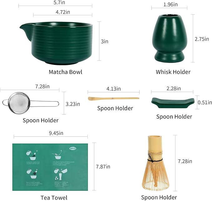 Matcha Whisk Set,Matcha Making Set with Dark Green Bowl,Matcha Whisk Holder, Stainless Sifter & Scoop, Tea Towel,Traditional Matcha Tea Set for Ceremony,Dark Green,7Pcs