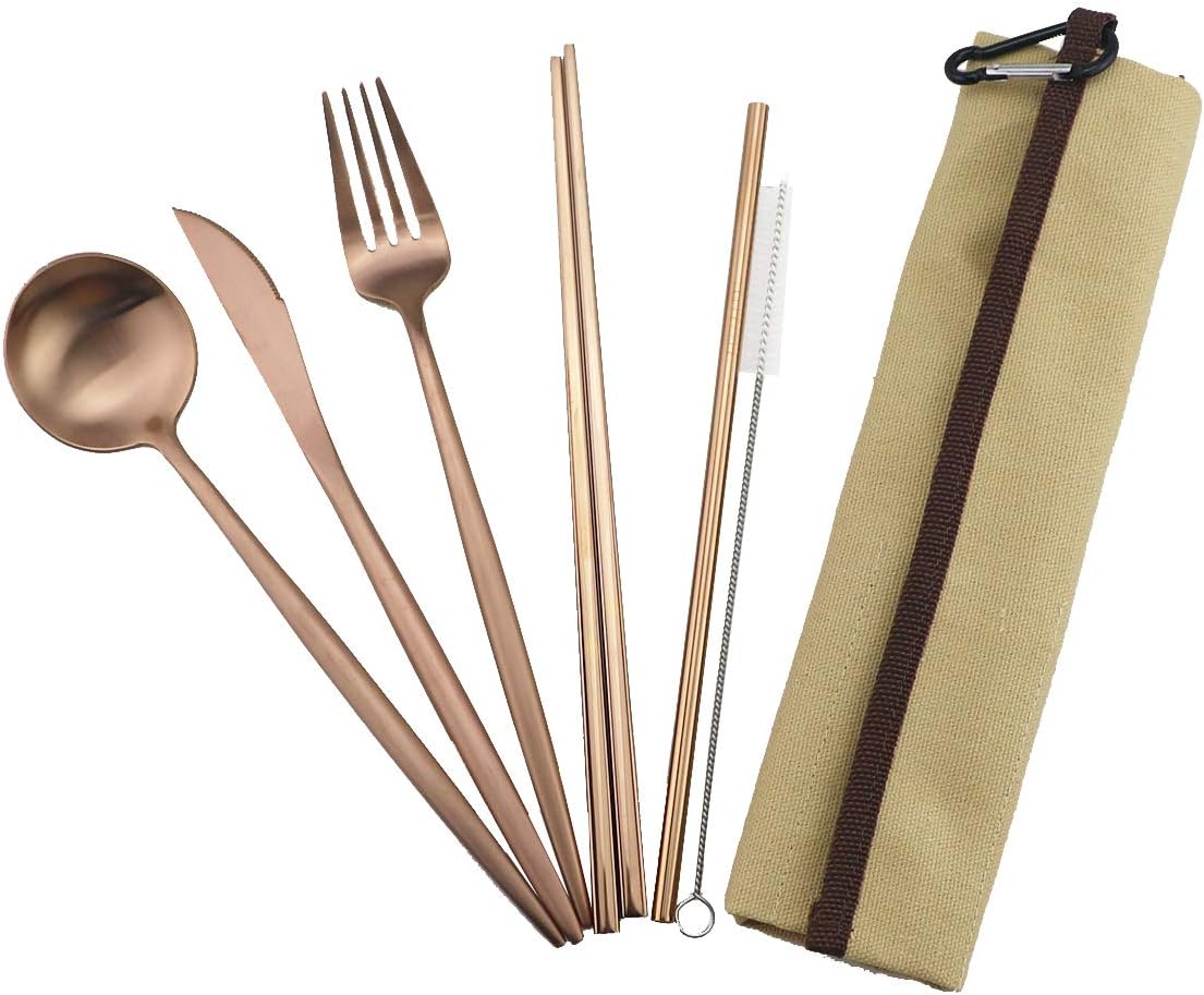 Gugrida Reusable Travel Utensils, 7 Piece Portable 304 Stainless Steel including Knife Fork Spoon Chopsticks Cleaning Brush Straws Portable Pouch, Eco-friendly Camping Silverware Set, Dishwasher Safe