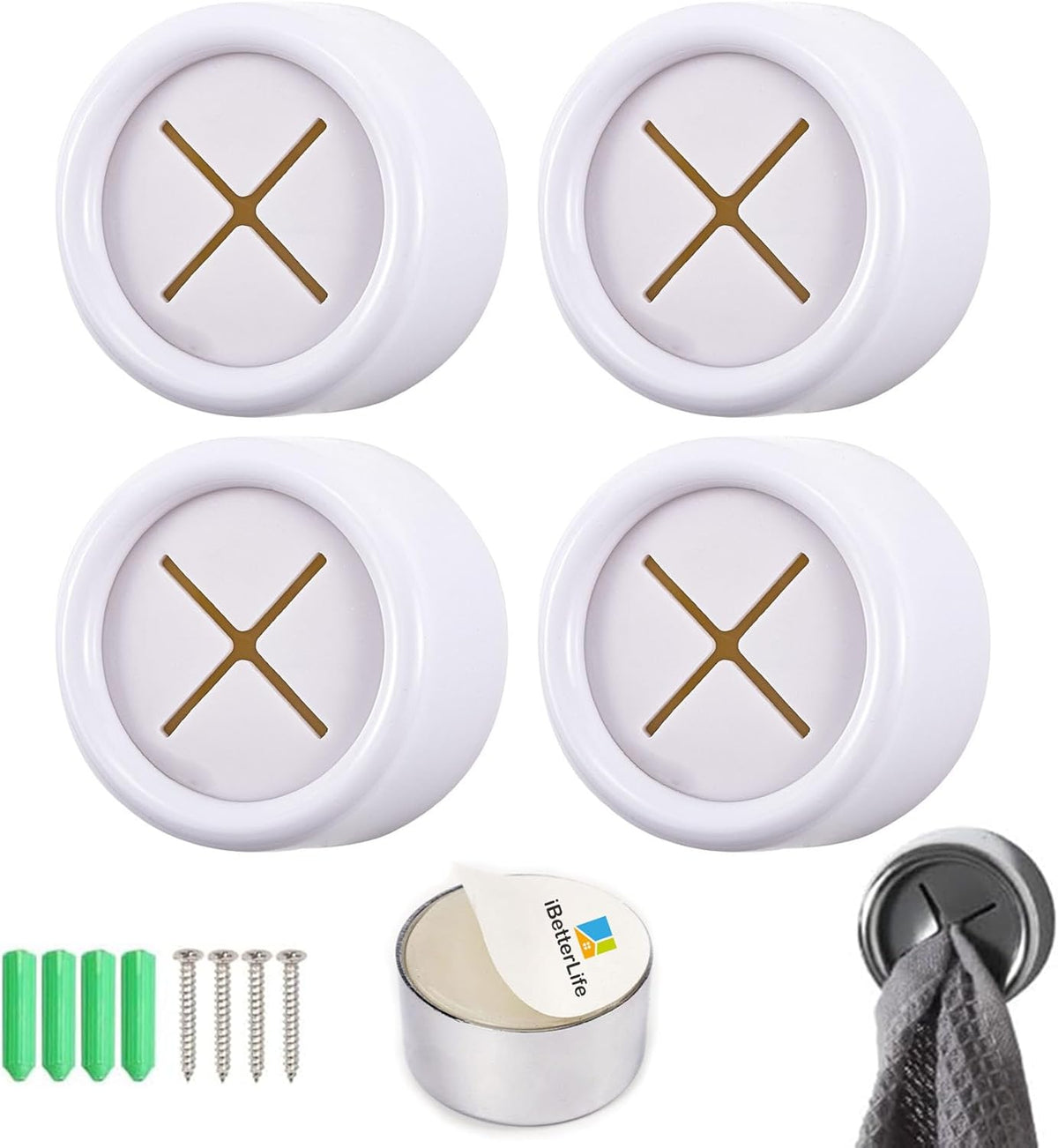 iBetterLife Adhesive Kitchen Towel Hooks - 4 Pack Dish Towel Holder for Cabinet, Push Hand Towel Hook, Dish Cloth Rag Holder for Home Bathrooms, Kitchens, Garages, RV, Within Easy Reach, Matte White