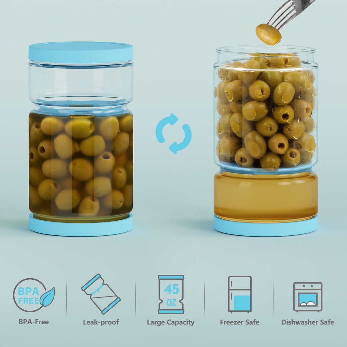 Glass Pickle Container with Strainer for Pickle Lover - 45OZ Leakproof Juice Separator Jar for Gherkin, Olive or Chilli, Dishwasher and Refrigerator Safe, BPA Free (Blue, 45 oz*2 pcs)