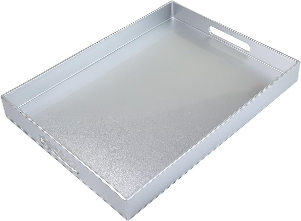Spsyrine Silver Plastic Serving Tray for Ottoman, Coffee Table, Rectangle Decorative Tray for Entertaining, Outdoor, Living Room, Home Decor