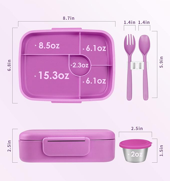 Bento Lunch Box with Kids/Adults, 5 Compartments Leakproof Lunch Container with Dressing Cup, Eco-Friendly Double Insulated Boxes, Dishwasher and Microwave Safe, BPA-Free (purple)
