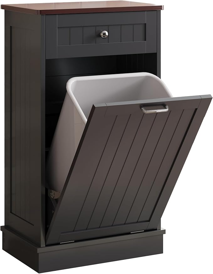 KIGOTY Tilt Out Trash Cabinet,Wooden Kitchen Trash Bin Holder Garbage Bin Recycling Cabinet Laundry Hamper with Solid Wood Countertop and Hideaway Drawer (Black)