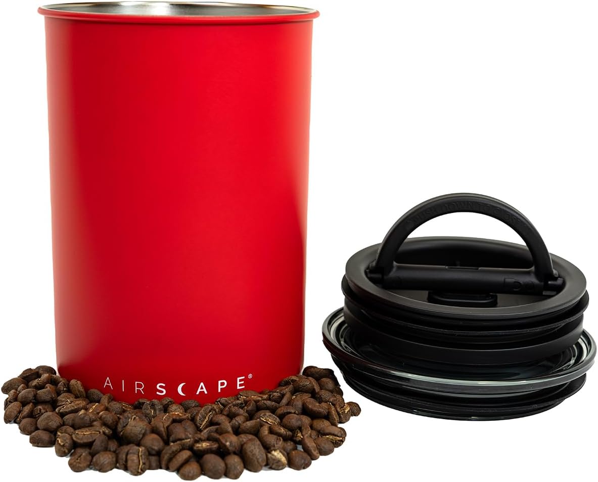 Planetary Design Airscape Stainless Steel Coffee Canister | Food Storage Container | US Patented Airtight Lid | Push Out Excess Air Preserve Food Freshness (Medium, Matte Red)