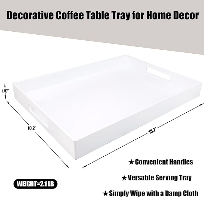 White Serving Tray for Coffee Table, Rectangular Plastic Decorative Tray with Handles for Entertaining, Outdoor Patio, Living Room, Ottoman, Bathroom Counter, 11.8”*15.7”*1.6”