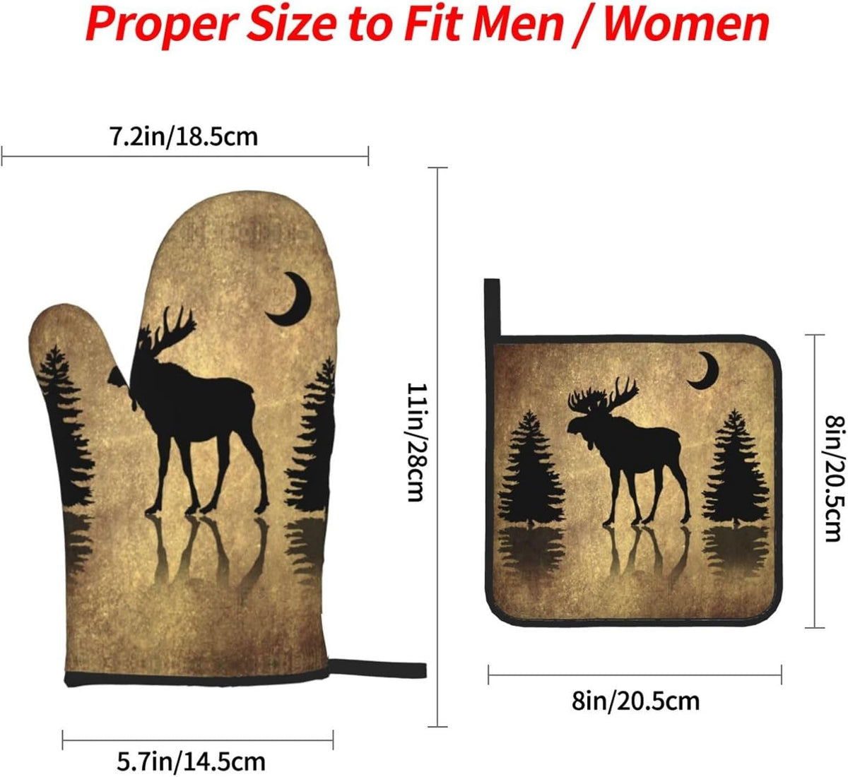 Rustic Elk Moose Deer Forest Pine Tree Moon Design Oven Mitts and Pot Holders Sets of 4 High Heat Resistant Vintage Animal Oven Mitts Oven Gloves and Hot Pads Potholders for BBQ Cooking Mitts