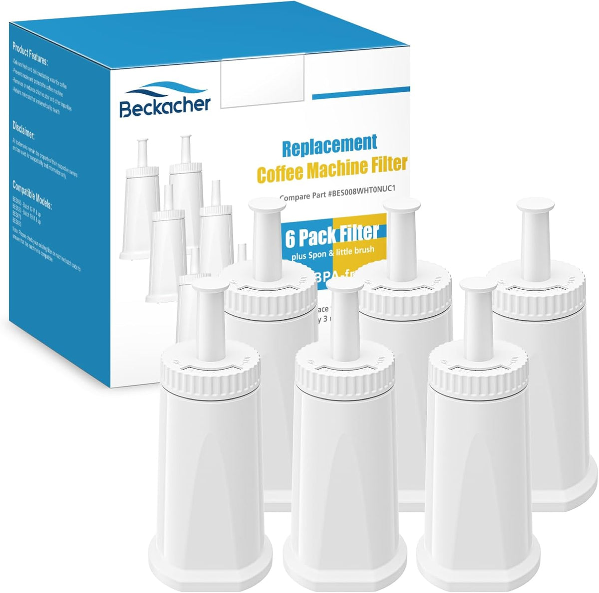 6 Pack Upgrade Water Filters Compatible with Breville BES880 Barista Touch, BES990 BES980 Oracle Touch and BES878 BES920 Bambino ClaroSwiss Sage Espresso coffee Machine, #BES008WHT0NUC1