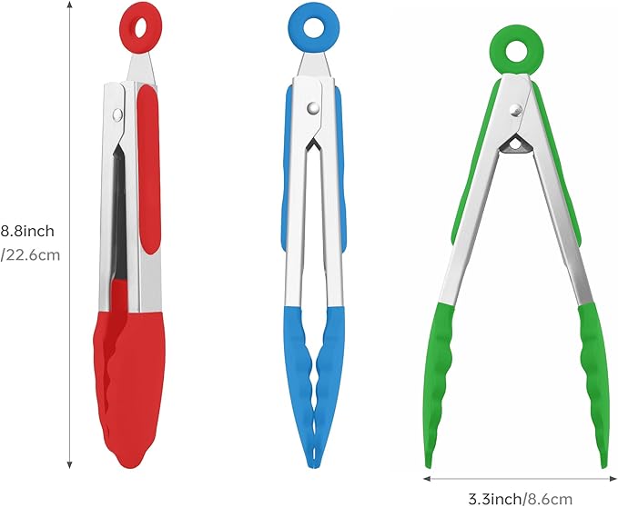 7-Inch Silicone Tongs Pack of 3, Small Tongs with Silicone Tips for Cooking, Barbecue, Buffet Serving (7", RGB)