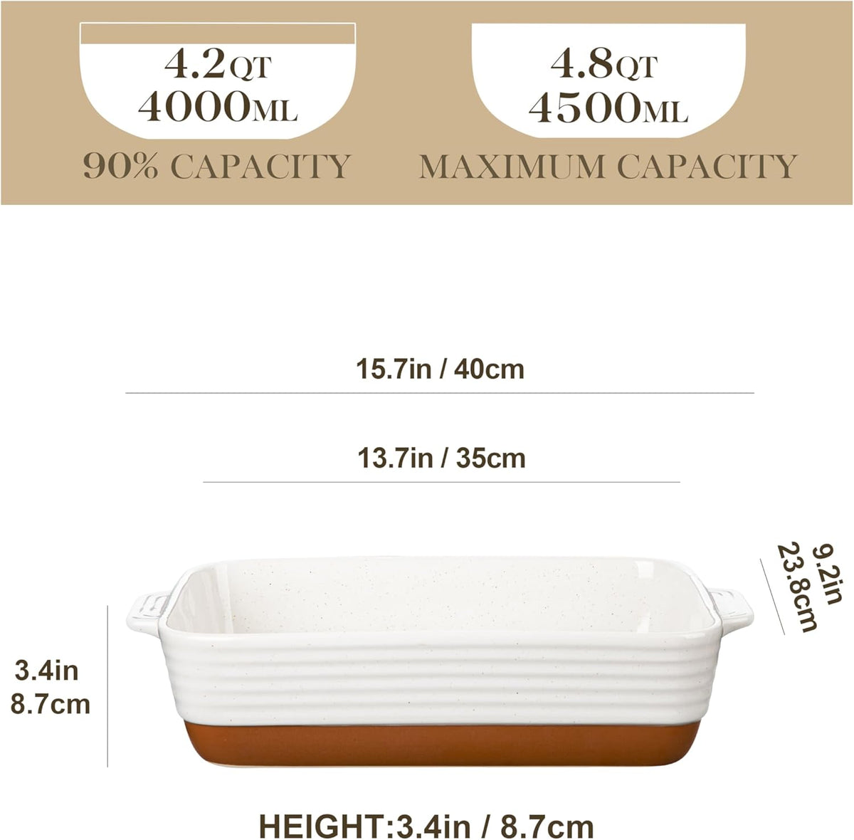 MALACASA Baking Dish 4.8 Qt Ceramic Casserole & Lasagna Pan, 9x13 Inch Deep Rectangular Oven Safe Dish with Handles for Baking, Roasting, Serving (Khaki & White) - Series Tara