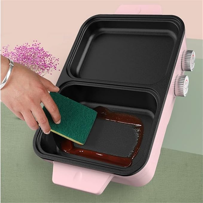 Electric Grill Indoor Hot Pot with Glass Lid & Removable Non-Stick Grill Plate,Separate Dual Temperature Contral, for 2-8 People Family Gathering Friend Meeting Party (pink)