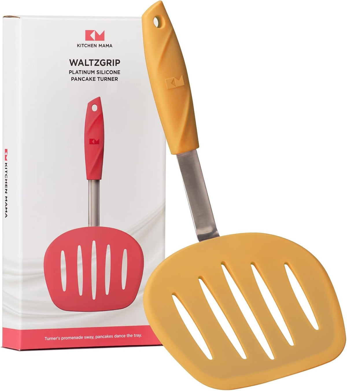 Kitchen Mama WaltzGrip Platinum Silicone Pancake Spatula Turner: Heat-Resistant, Slotted Tapered Head, Stainless Steel Core, Durable, Dishwasher-Safe, Ideal for Flipping and Wok Use (Yellow)