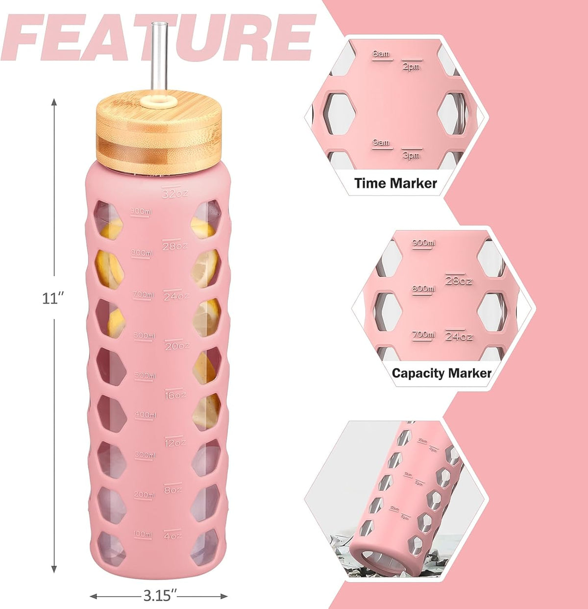 MUKOKO Glass Water Bottles, 32oz Glass Tumbler with Straw, Drinking Bottles with 2 Lids-Handle Spout Lid&Bamboo Straw Lid, Motivational Water Bottle with Time Marker and Silicone Sleeve, 1 Pack-Pink