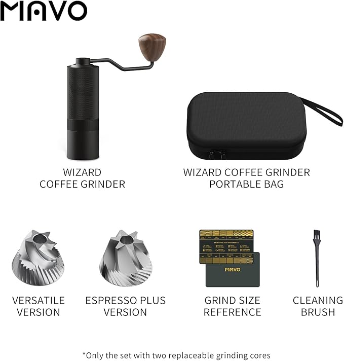 MAVO Manual Coffee Grinder, Wizard Hand Coffee Grinder, Capacity 25g with 2PCS CNC Stainless Steel Conical Burr -Pentagon and Hexagonal, Burr Coffee Bean Grinder for French Press, Pour Over, Black