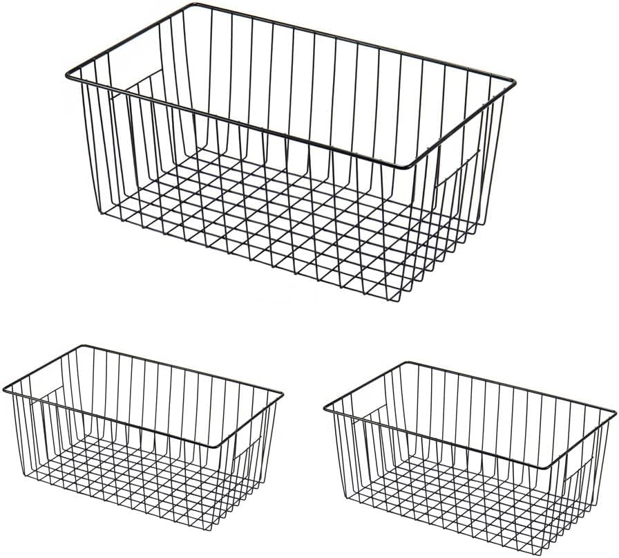 16inch Freezer Wire Storage Organizer Baskets, Household Refrigerator Bins with Built-in Handles for Cabinet, Pantry