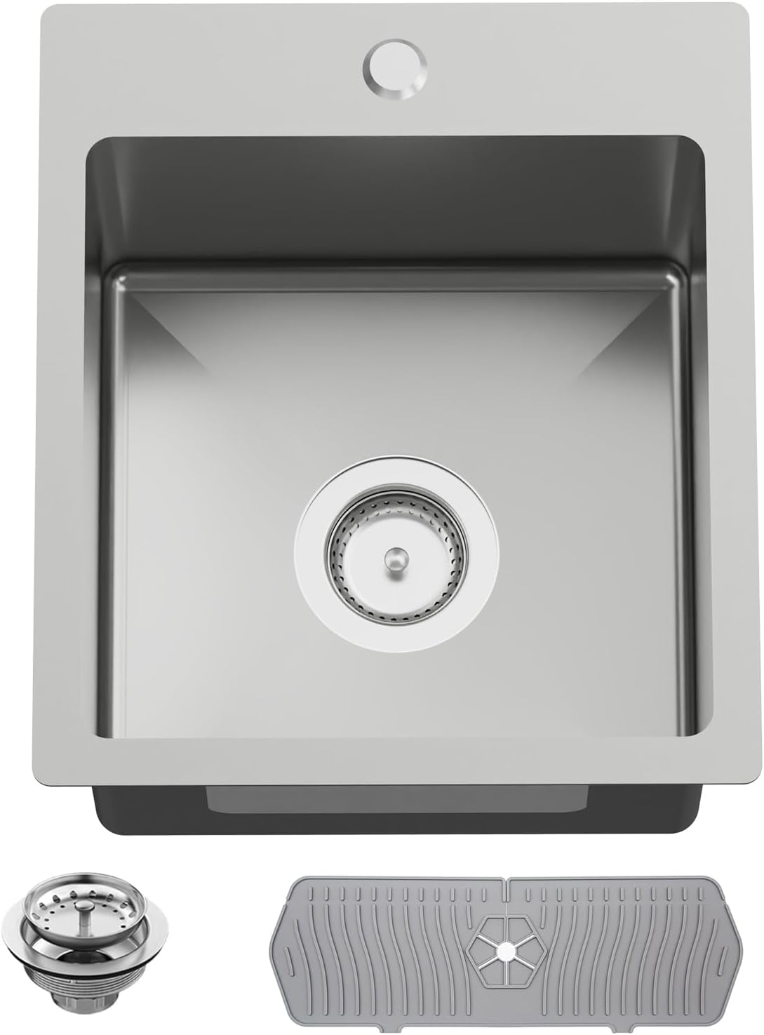 Kitchen And Bar Sink, 15x17 Inch Stainless Steel Drop In Kitchen Sink Modern Single Bowl Topmount Bar Sink Combo-Silicon Mat,Drain Strainer Set Compatibility With Various Kitchen & Bar Style