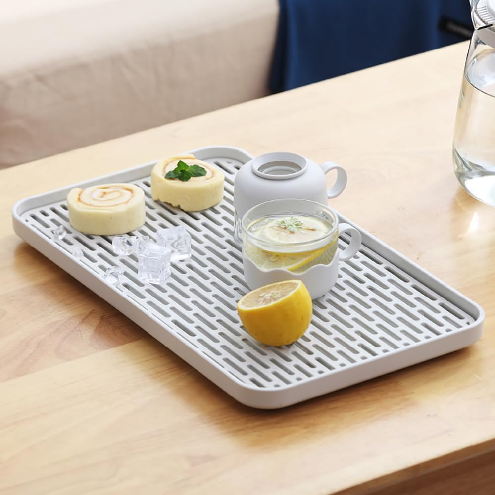 Plastics Drain Tray, Cup & Dish Drying Rack, Drain Board 2 Tier Non Slip Serving Tray with Drainboard Perfect for Sink, Coffee Table, Outdoor (15.4 x 10 x 0.98 in)