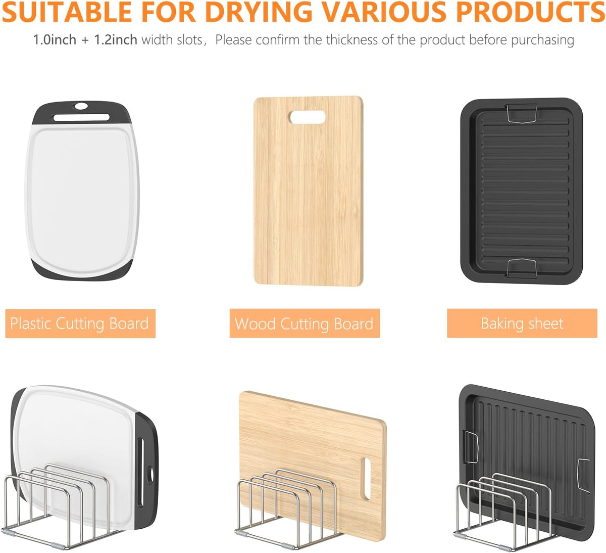 Cutting Board Holder Stand, Chopping Board Storage Rack, Cutting Board Organizer, 304 Stainless Steel Chopping Board Holder, Cookie Sheets Organizer 1.0+1.2 Inch Width Slots(Large)