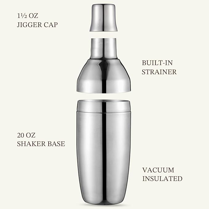 KITESSENSU Cocktail Shaker Set with Carry Case: Vacuum Insulated Martini Shaker with Built-in Strainer, 2 Martini Glasses, Measuring Jigger, Bar Mixing Spoon & Cocktail Recipes, Travel Bar Tool Set
