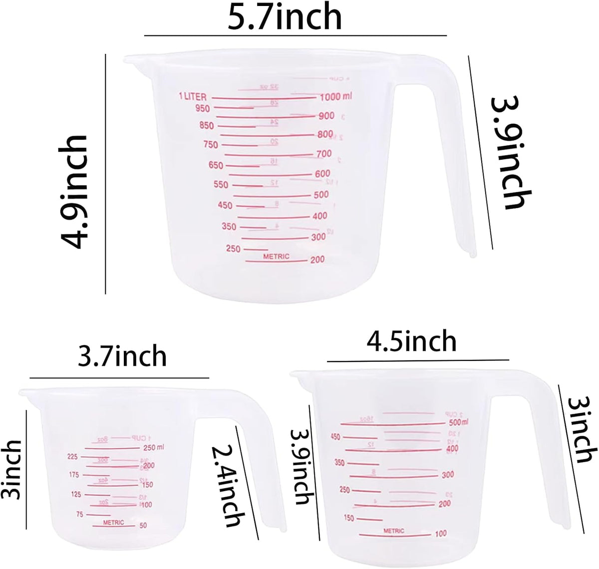 Unbreakable Plastic Measuring Cups 6 Piece Food-Grade Measuring Jugs, 250ml/500ml/1000ml- Capacity, Stackable and Dishwasher-Safe, Great for Oil, Vinegar, Flour, More Essential Kitchen Tools