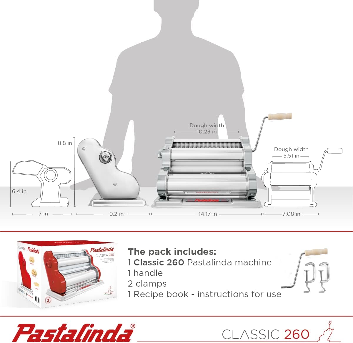 PASTALINDA Classic 260 Pasta Maker Machine, 26 cm Wide Rollers, 9 Thickness Positions, 2 Cutting Positions, Stainless Steel. Includes Reinforced Hand Crank And Two Clamps (Chrome)