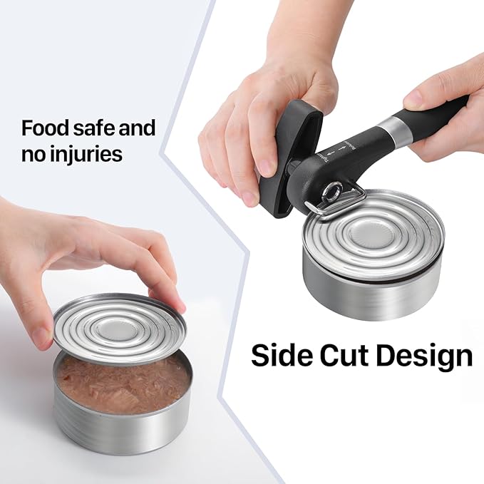 Can Opener, Safe Side Cut Manual Can Opener with Durable Sharp Blade, Smooth Edge Cutting, Effortless Big Knob, Comfortable Grip Handle, Black