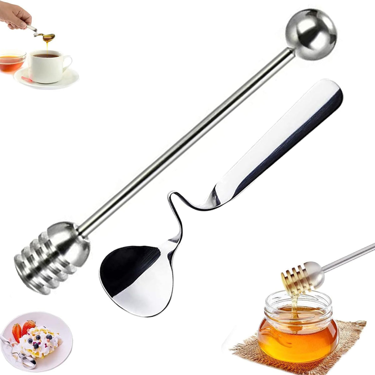 Stainless Steels Honey Spoons and Honey Dipper,2PCS Stainless Steel Honey Dipper Stirrer Server,Honey Spoon,Honey Dipper With Spiral Sugar Spoon Iced Tea Spoon Coffee Spoons for Jam,Honey,Coffee