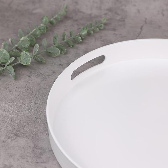 Round White Decorative Serving Tray with Handles, 13” Versatile Ottoman Tray for Coffee Table, Entertaining, Outdoor Patio, Living Room
