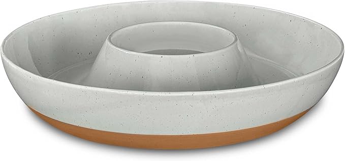 Mora Ceramic Chips and Dip Serving Tray: Large Divided Party Bowl Set for Chips & Salsa, Veggies & Dip, Fruit, Snacks, Entertaining, Hosting, etc. Minimalist Design for the Modern Hostess - Earl Grey