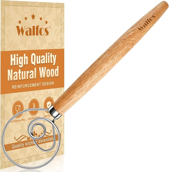 Walfos Wood Danish Dough Whisk, Wooden Sourdough Mixer With Stainless Steel Ring, Kitchen Hand Bread Whisking Tool for Cake, Pizza, Pastry, Biscuits