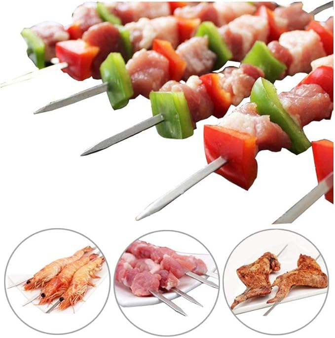 Antallcky 12 Pack Kebab Skewers BBQ Barbecue Skewers Stainless Steel Sticks 23.5 Inch Heavy Duty Large Wide Reusable with NonSlip Ring Handle Ideal for Shish kabob Chicken Shrimp angd Vegetables