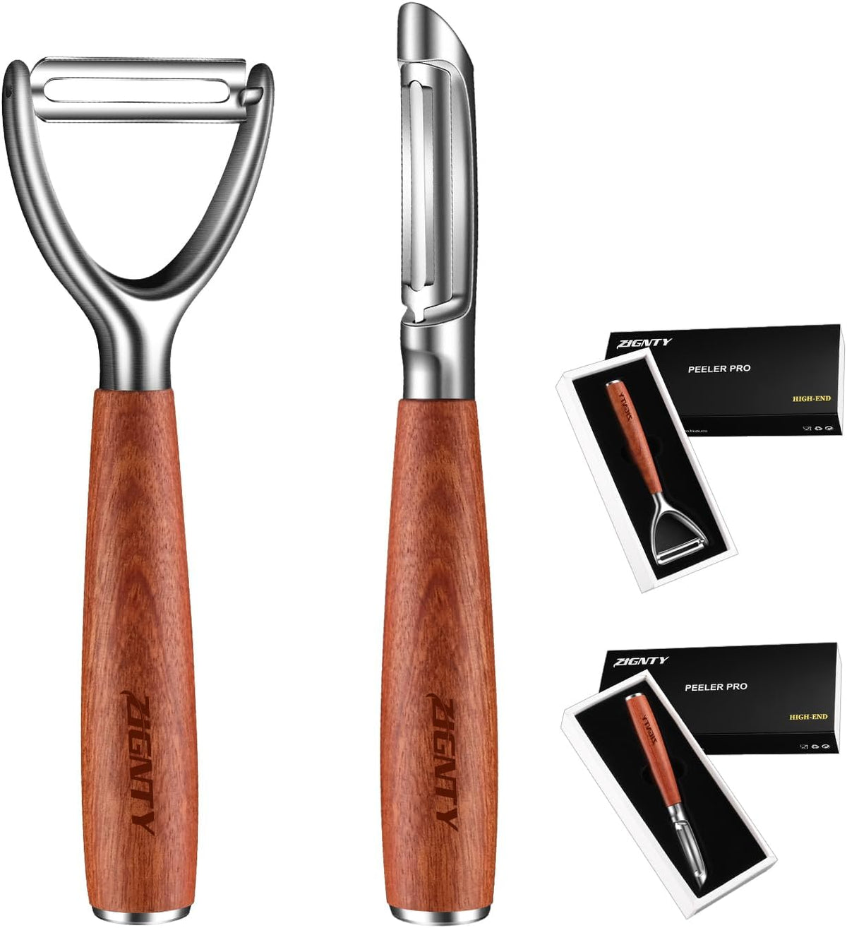 Potato Peelers Stainless Steel, Ultra Sharp Vegetable Peeler for Kitchen, Premium Veggie Fruit Peeler, Rotary Blade Carrot Peelers, Thickened Non-Slip Ergonomic Wooden Handle（5 Years Warranty）
