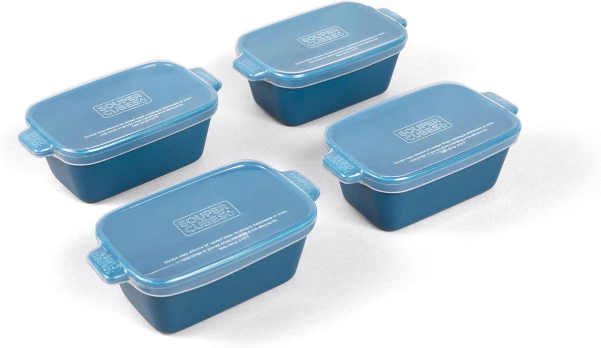 Souper Cubes Stoneware - Small Ceramic 5" x 3" Baking Dish with Silicone Covers, Small Baking Dishes for Oven Perfect for Reheating Single Serve Portions, Set of 4 - Blueberry