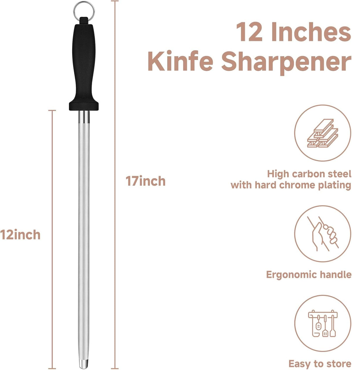 Kitchen Knife Sharpener Rod-12 Inches Professional Carbon Steel Knife Sharpening Honing Rod with Hanging Holes for Household, Chef, Hunting Sporting and Pocketknives, 17" Overall