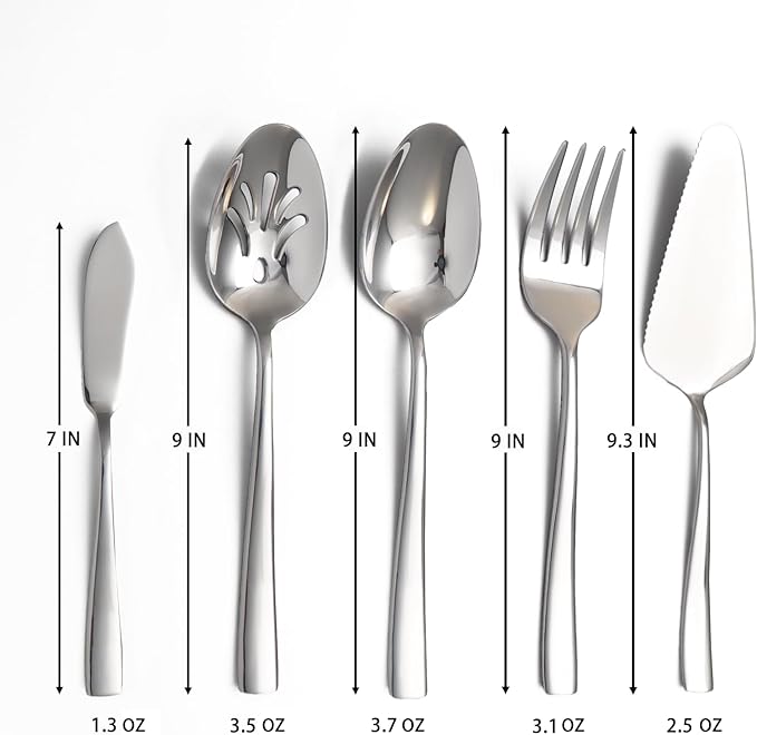 Large Hostess Serving Utensils Set, Stainless Steel Heavy Duty Serving spoons, Slotted Spoons, Serving Fork, Cake Server, Butter Knife, Dishwasher Safe (Silver)