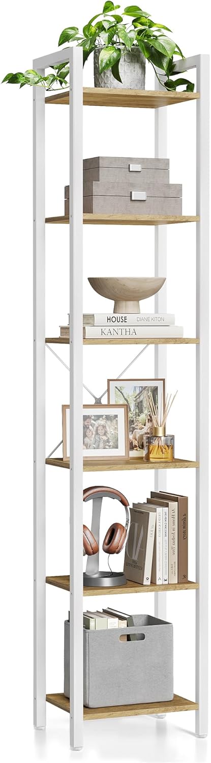 VASAGLE 6-Tier Bookshelf, Bookcase with Steel Frame, Book Shelf for Living Room, Home Office, Study, 11.8 x 15.7 x 73.2 Inches, Industrial Style, Honey Brown and Cloud White ULLS101K02