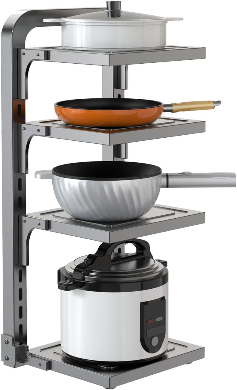 Pots and Pans Organizer Under Cabinet,4 Tier Adjustable Cabinet Pan Organizer Rack, 25''Heavy Duty Pot Rack,Pot lid organizer for Kitchen Pantry to Store Dutch Ovens,Cast-Iron Pans(4L-A)