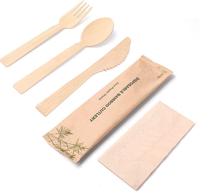 Bamboo Utensils with Napkin-58 Pack Individually Wrapped (6.7" 58 Forks 58 spoons 58 Knives 58 Napkins) Disposable Bamboo Cutlery Travel Set Compostable Biodegradable Fork Knife Spoon and Napkin