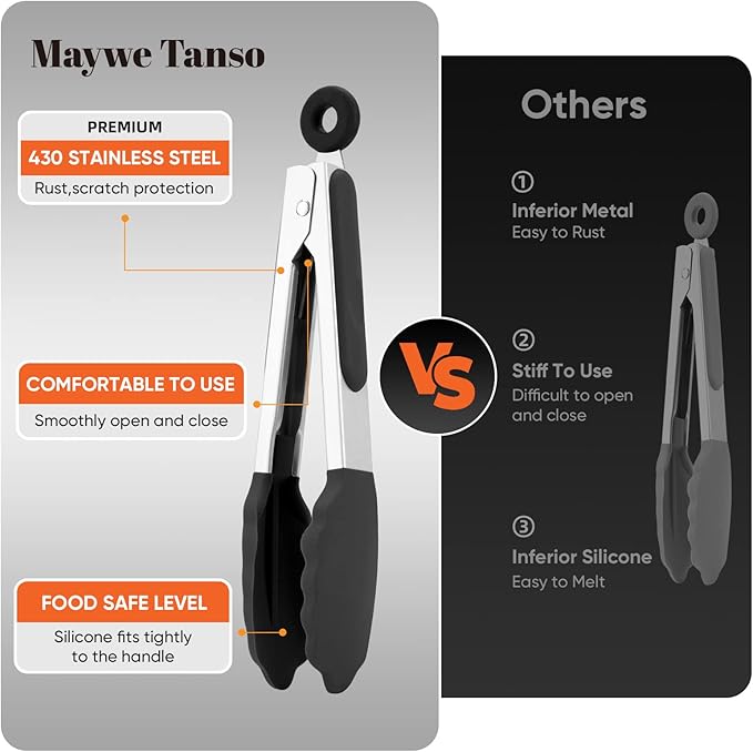 Small Silicone Tongs for Cooking,3 PCS 7-Inch Mini Serving Tong-600°F Heat Resistant Non Stick Stainless Steel Tong s with Silicone Tips Food Tong Cooking Tongs for Salad,Buffet Serving(Black)