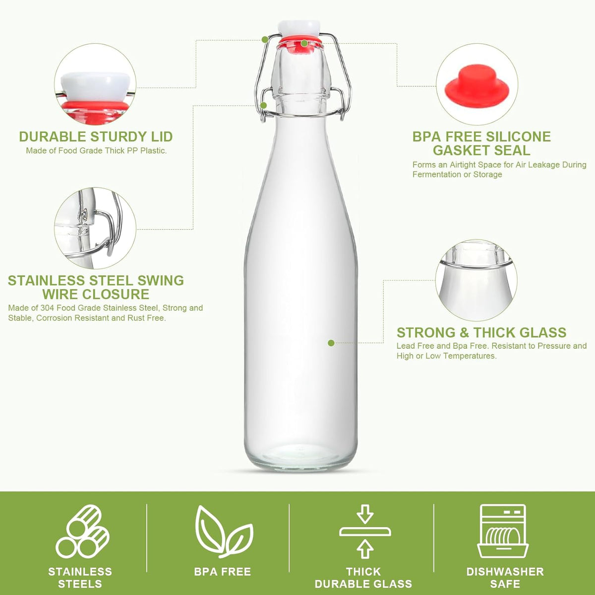 Ruckae 8 Pack 16oz Swing Top Glass Bottles with Air Tight Lids Kombucha Coquito Flip Top Glass Bottle Kefir Syrup Vanilla Extract Beer Brewing Bottles for Gift (16 oz 8 pack)