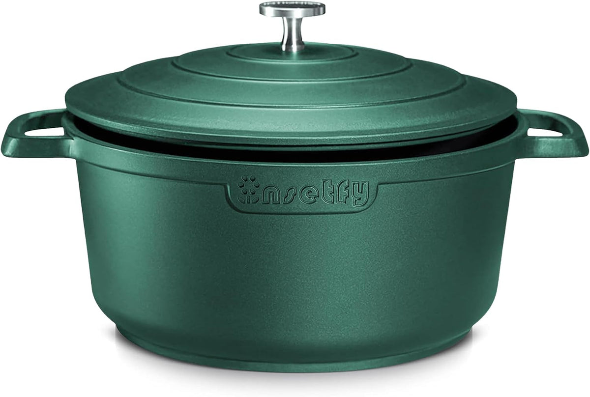 Large Dutch Oven Pot with Lid-7.5QT Cast Aluminum Oven Pot with Two Handles Lightweight for Bread Baking Braising and Roasting(Green)