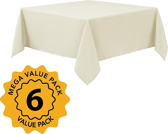 6-Pack Ivory Tablecloths for Square Tables, 54 x 54 Inches, Stain-Resistant Polyester Fabric for 2 Foot Tables - Washable Table Covers for Weddings, Banquets, Birthday Parties, Events