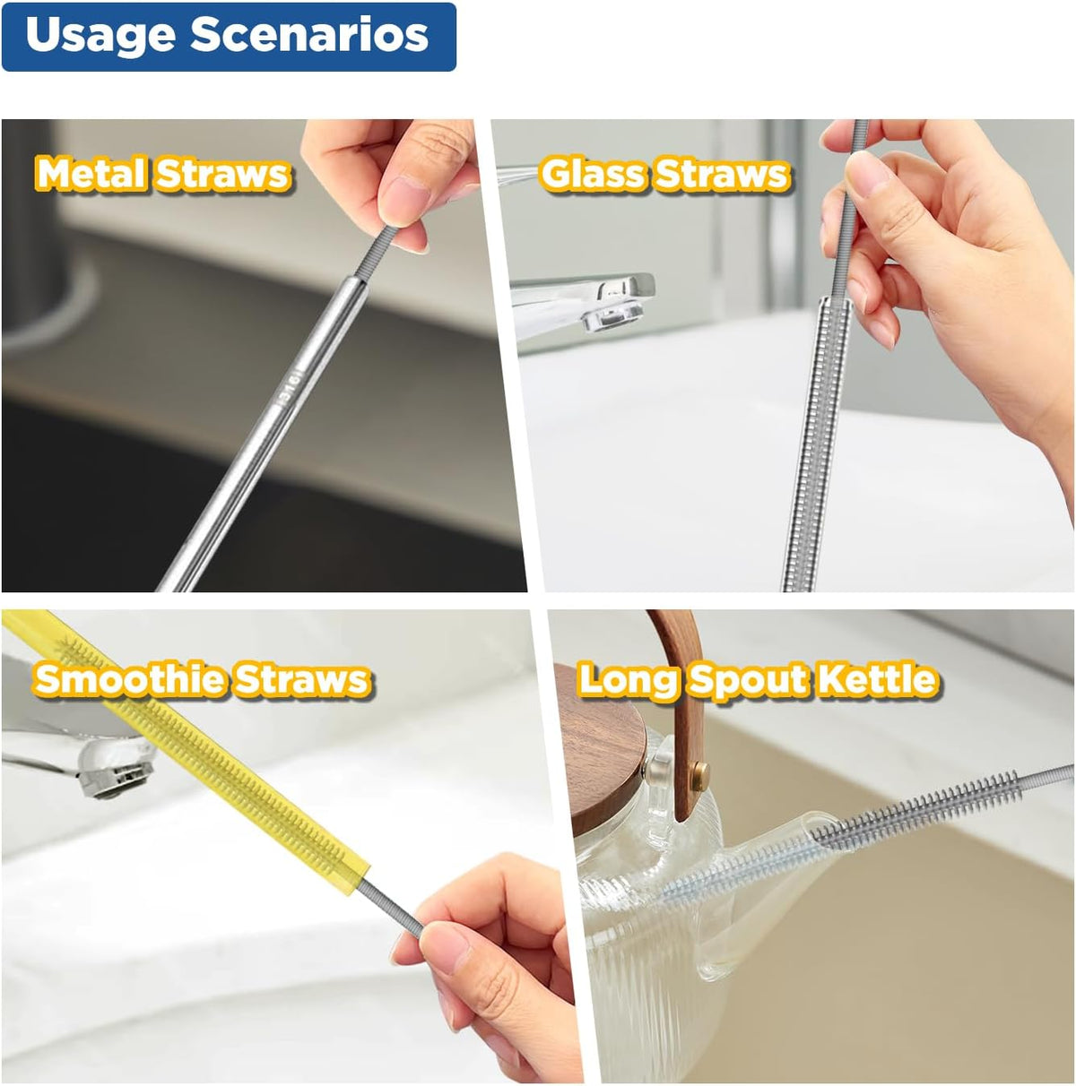 YOTIME Silicone Straw Cleaner Brush, 2Pcs Reusable Straw Brush Extra Long for Cleaning Tumbler with Handle and Glass Metal Smoothie Straws, Non-slip Handle Soft and Bendable, 6mm+9mm, Gray