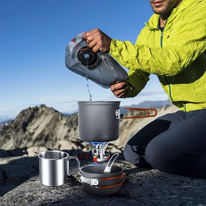 Odoland 8pcs Camping Cookware Mess Kit, Camping Pot and Pan Set with Mini Backpacking Stove, Stainless Steel Cup, Spork and Tank Bracket, Cooking Gear for Outdoor, Hiking, Picnic, Campfire