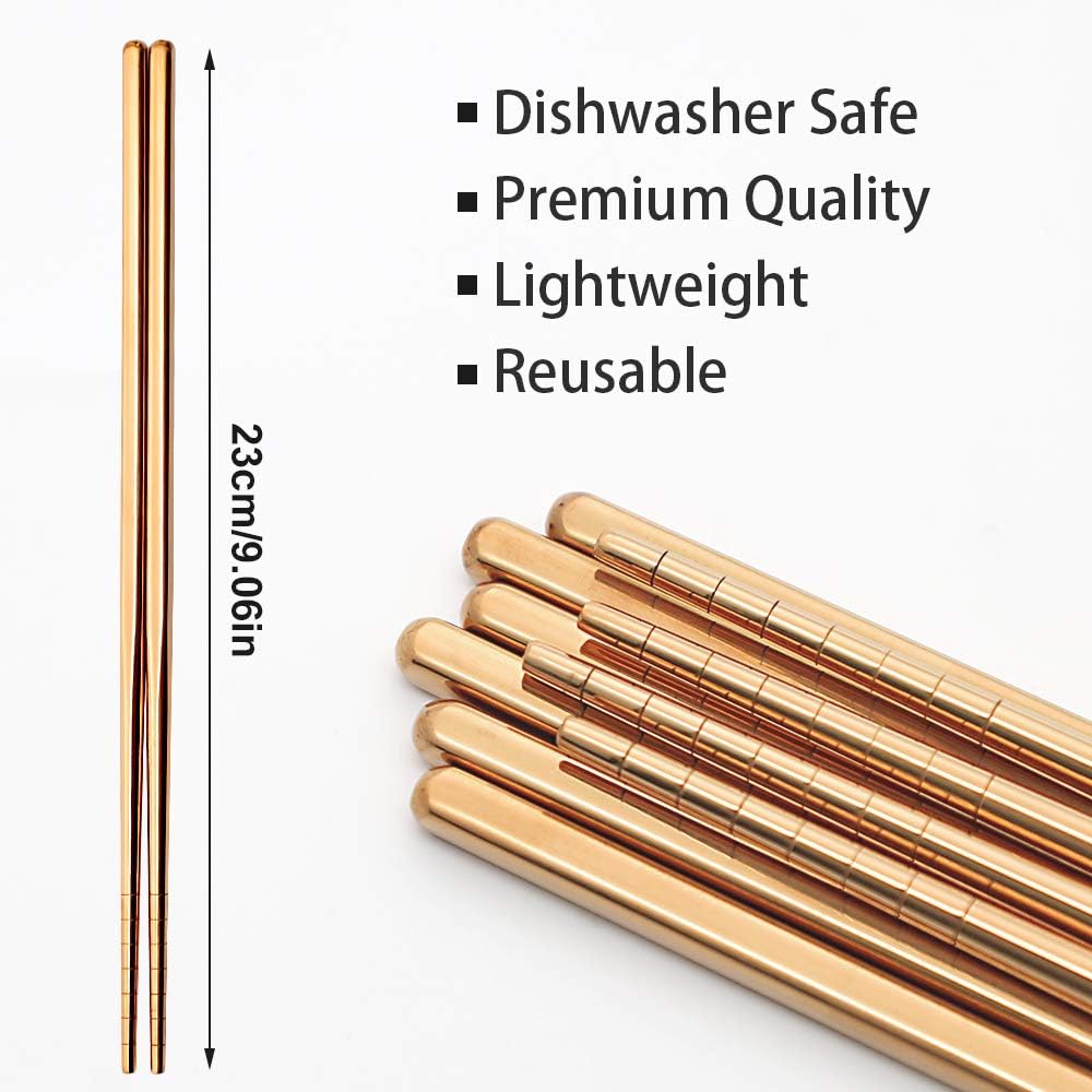 Stainless Steel Chopsticks Reusable Multicolor Lightweight 304 Metal Chopsticks Dishwasher Safe - 5 Pairs (Rose Gold)