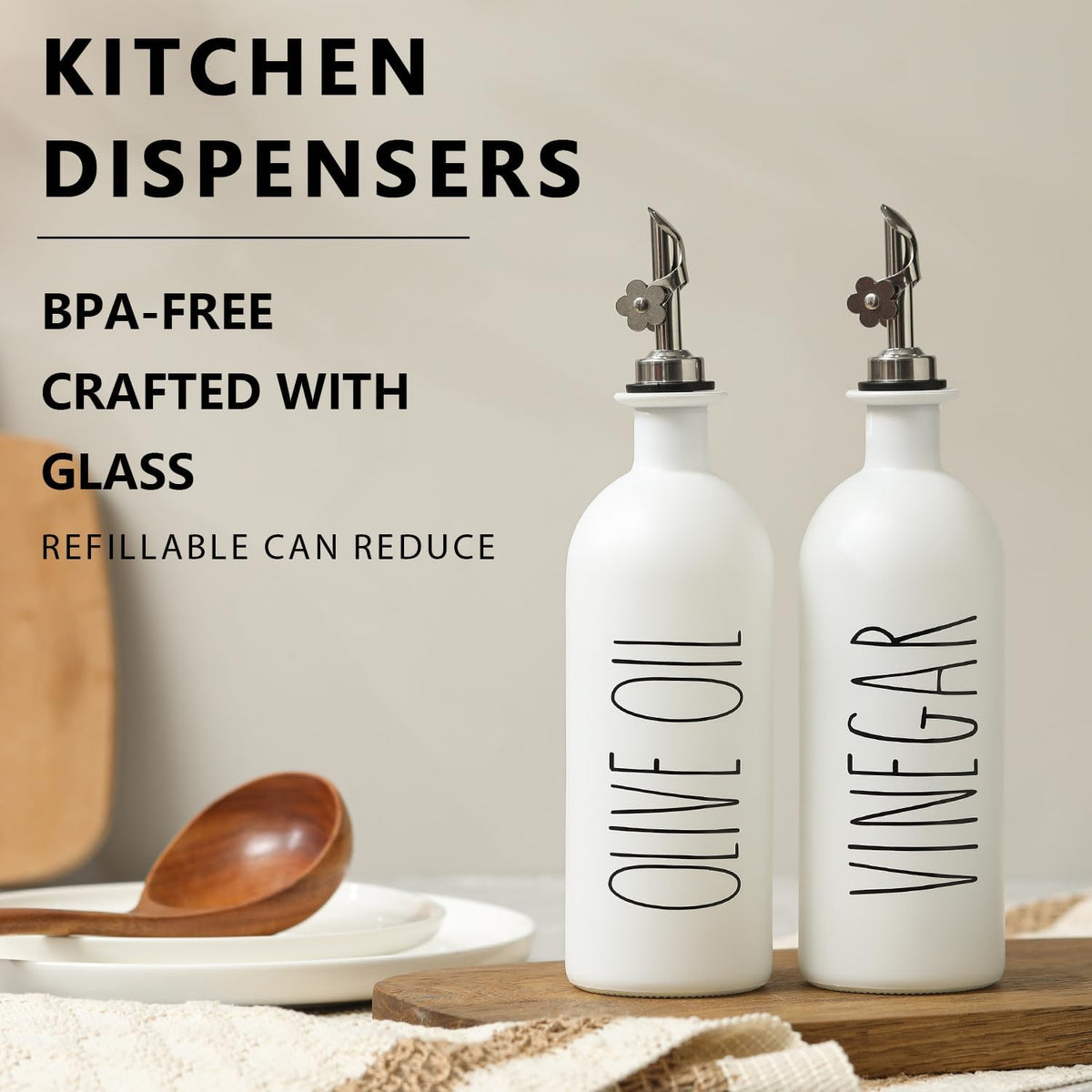 HOMCDALY 16oz Olive Oil Dispenser Bottles for Kitchen, White Oil and Vinegar Dispenser Set, Two Olive Oil Bottles with Bamboo Tray | Set of 2 (16oz-P-White)