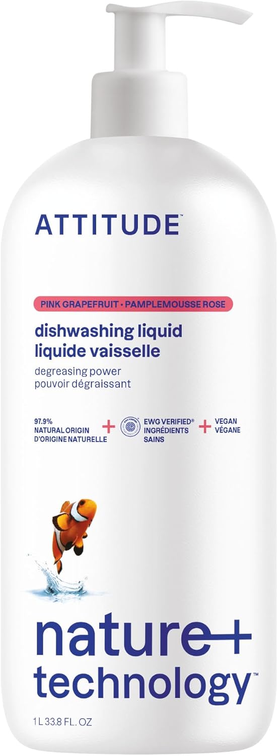 ATTITUDE Dish Soap, EWG Verified, Plant-Based & Vegan Dishwashing Liquid, Naturally Derived, Pink Grapefruit Scent, 33.8 Fl Oz