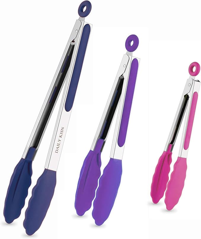 Kitchen Tongs Set of 3, Cooking Tongs with Silicone Tips, Non-Scratch Heat Resistant Tongs for Grilling Cooking BBQ Salad Buffet (Pink/Purple/Navy, 7/9/12 Inch)