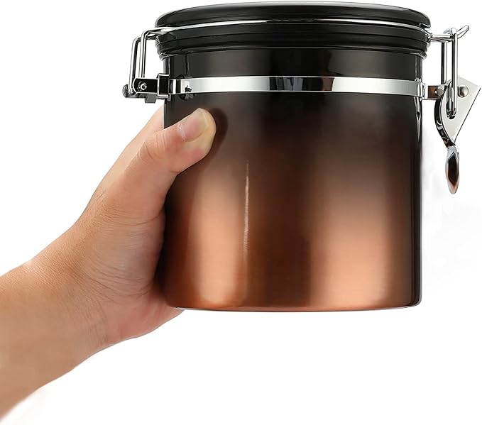 Coffee Canister, Airtight Coffee Container with Date Tracker Lid, Stainless Steel Canister for Kitchen Food Storage (Black-Copper, 12oz)