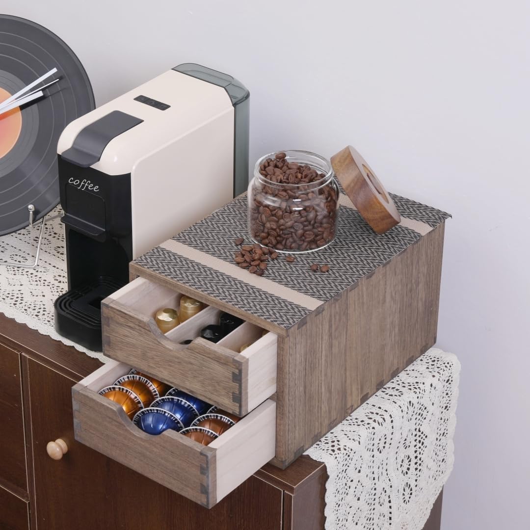 Drawer Organizer Coffee Pod Holder - Kitchen Cutlery Storage Accessories/ K-Cup Drawers with Detachable Wooden Partition - Coffee Capsules Organization Counter - Wood desktop Small Cabinets