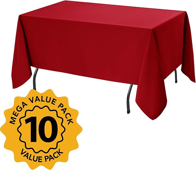 10-Pack Red Tablecloths for Rectangle Tables, 70 x 120 Inches, Stain-Resistant Polyester Fabric for 6 Foot Tables - Washable Table Covers for Weddings, Banquets, Birthday Parties, Events